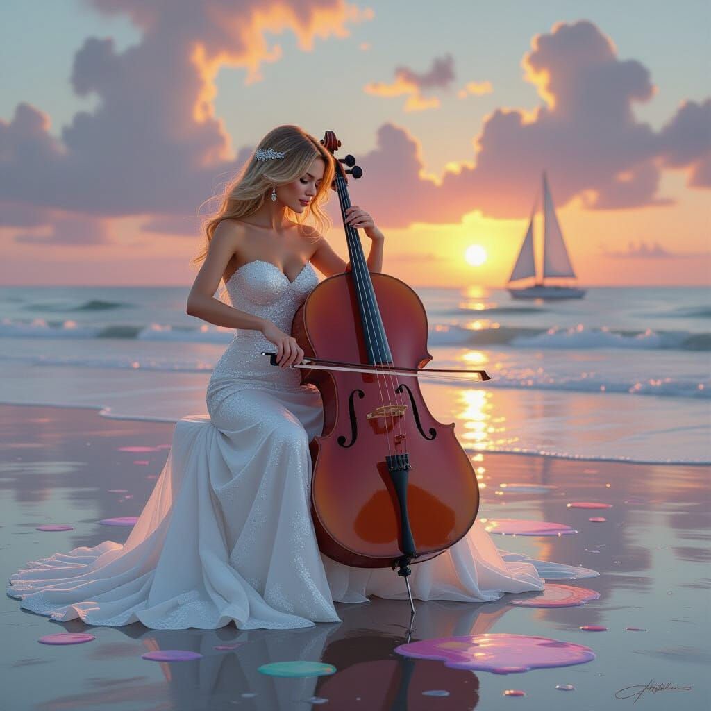 Woman Plays Melting Cello on Misty Beach