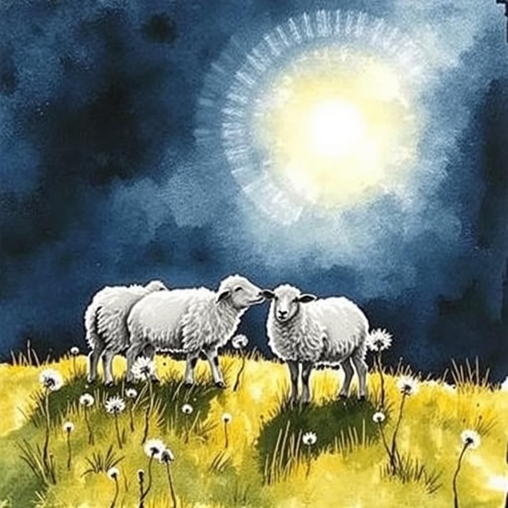 Sheep and Dandelions in Nordic Landscape