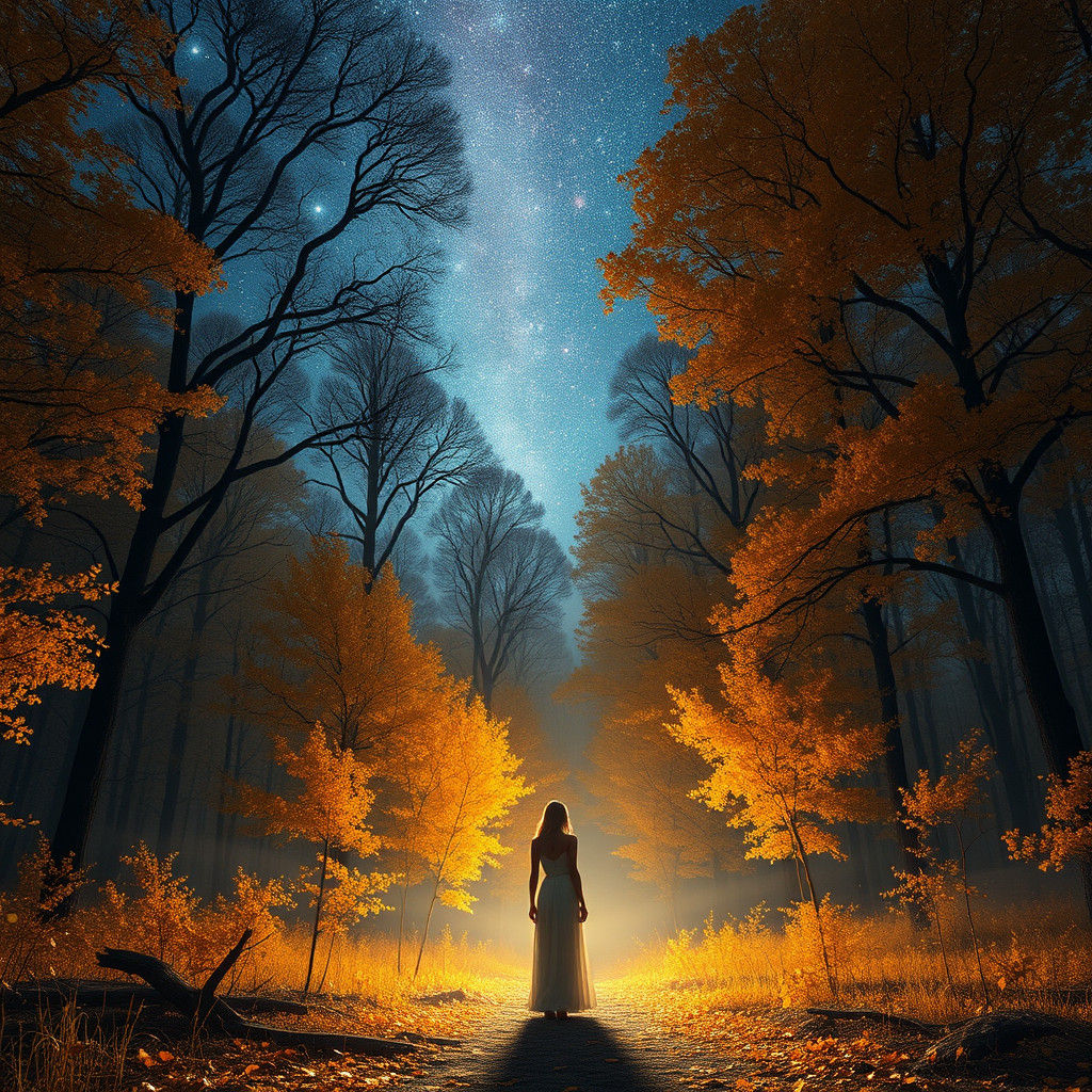 Starlit Autumn Landscape with Woman in Digital Art