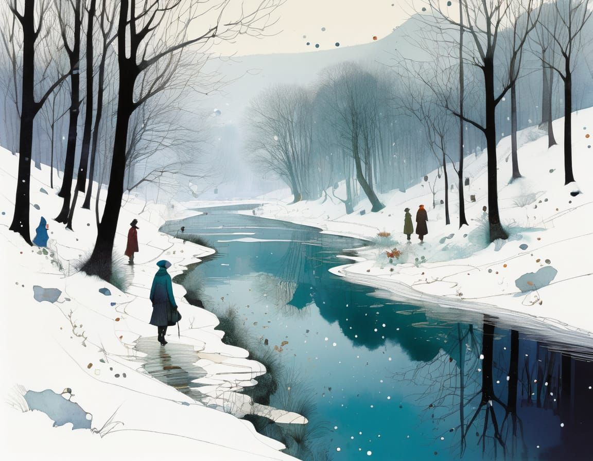 Charming River Runs Through Winter Landscape