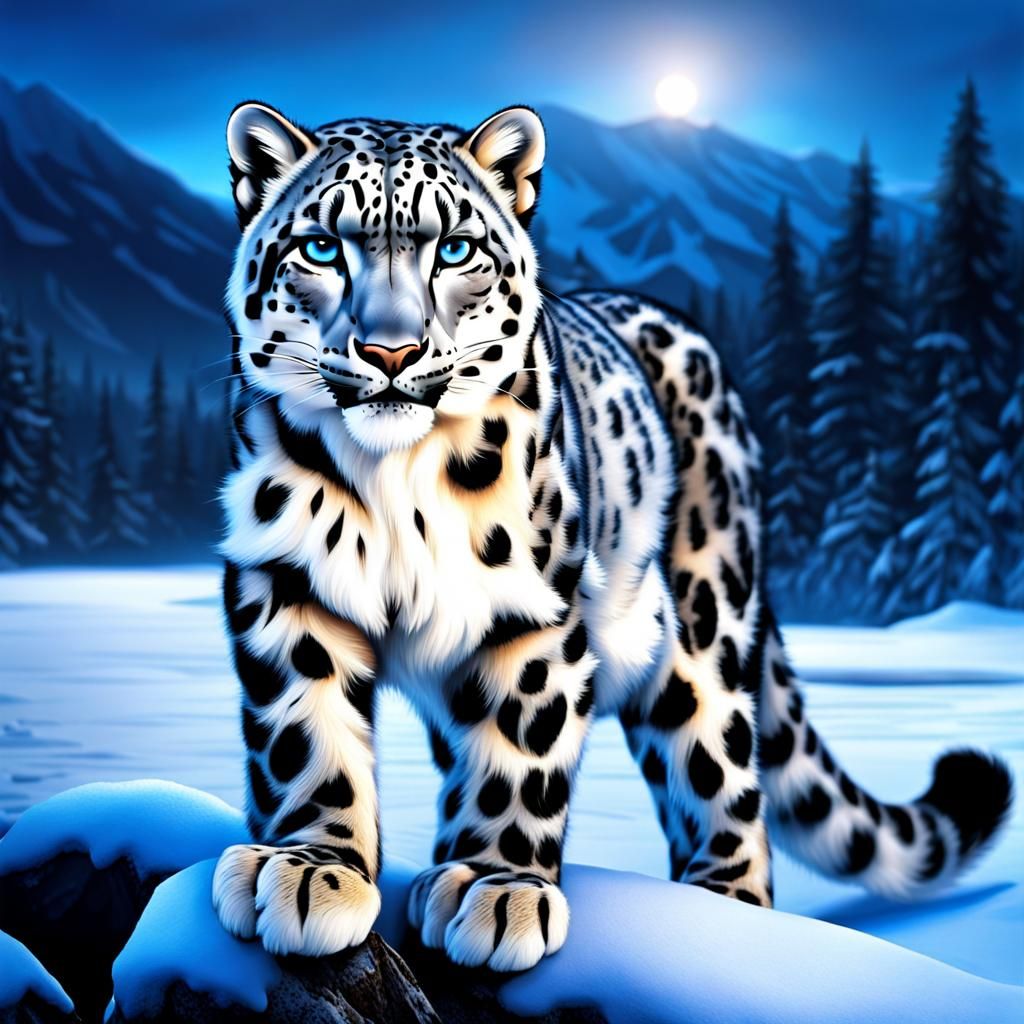 Snow Leopard Portrait in Winter Riverscape