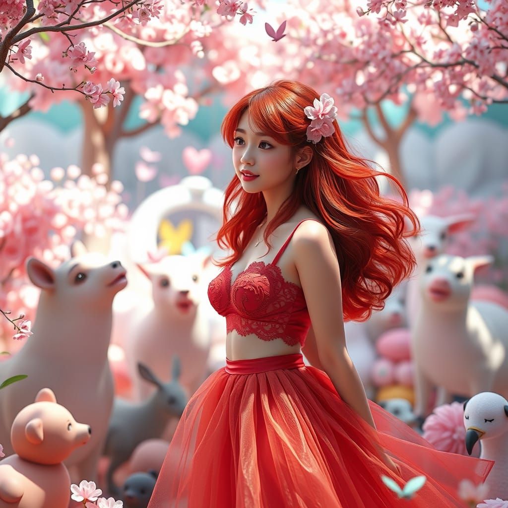 Kawaii Woman in Pastel Zoo, Anime Style