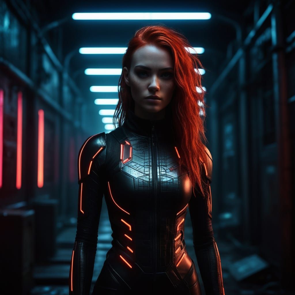 Glowing Red Goddess in Dark Cyberpunk Metropolis