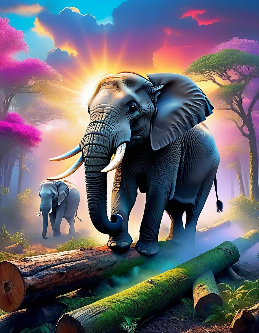 Epic Elephant Pulling Logs in Ethereal Landscape
