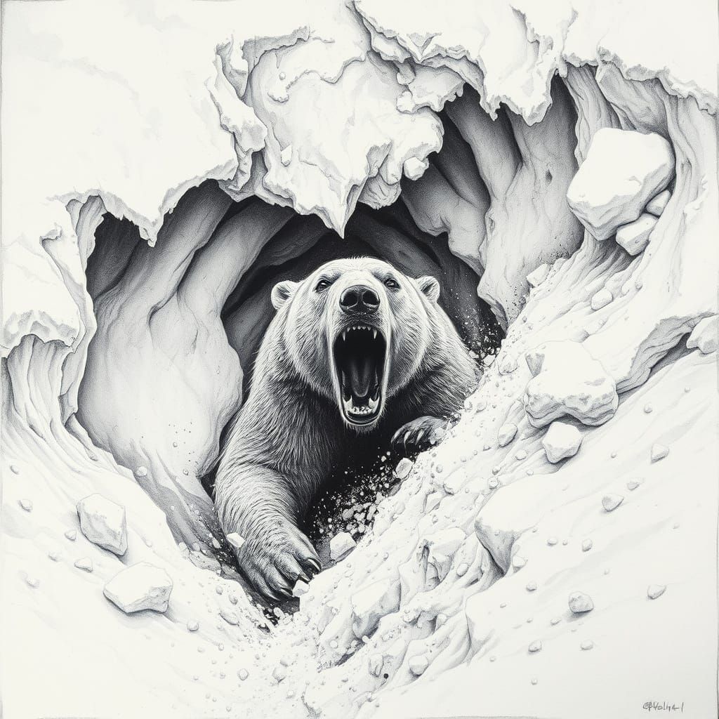 Surreal Polar Bear Escapes Avalanche in Charcoal Drawing