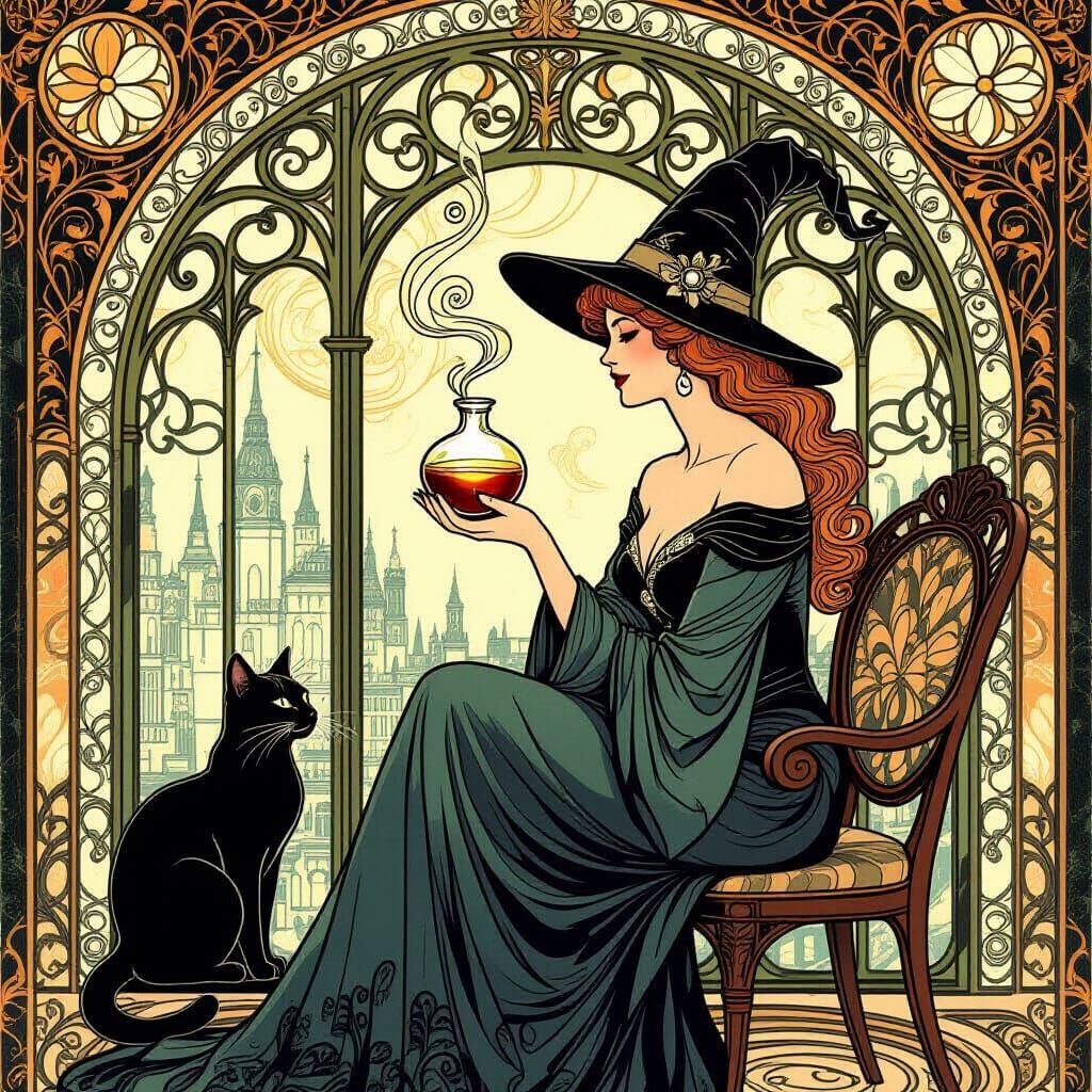 Art Nouveau Witch with Potion in Chic Apartment
