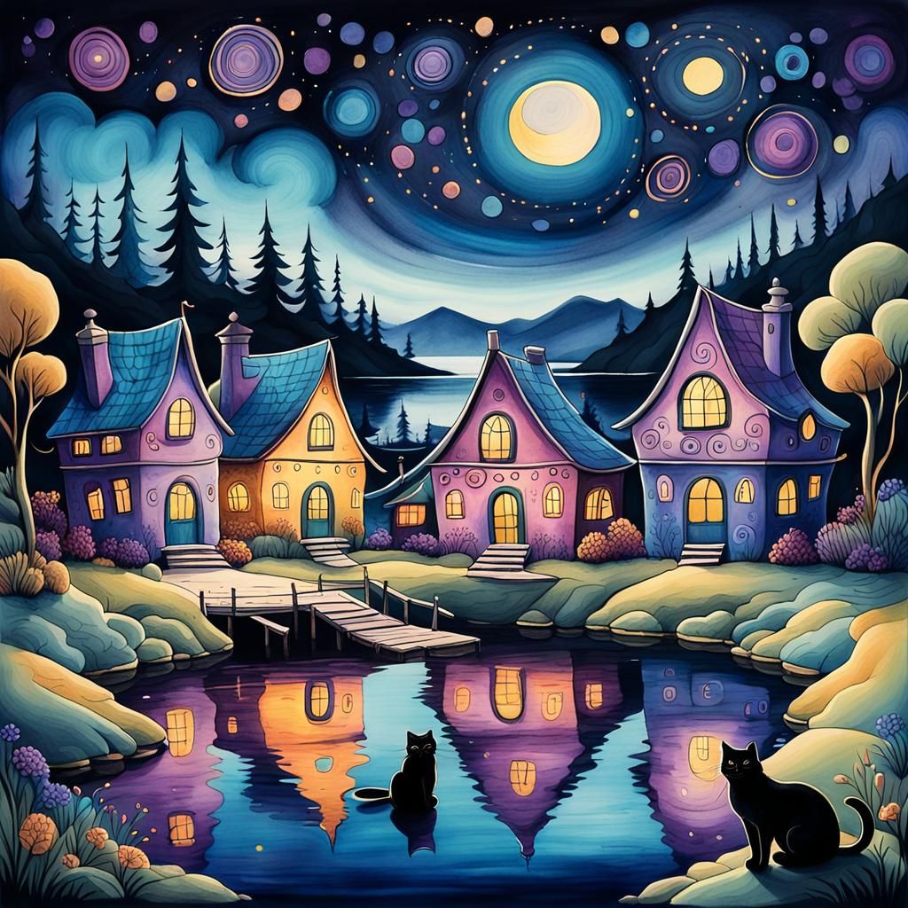 Dreamy Nocturnal Village with Fantasy Houses