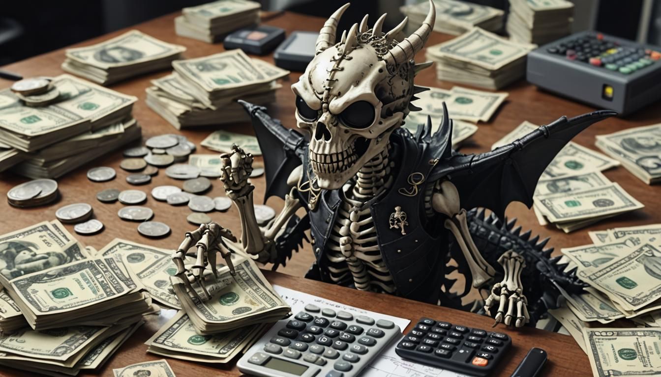 Dragon Skeleton Pirate on Calculator with Money