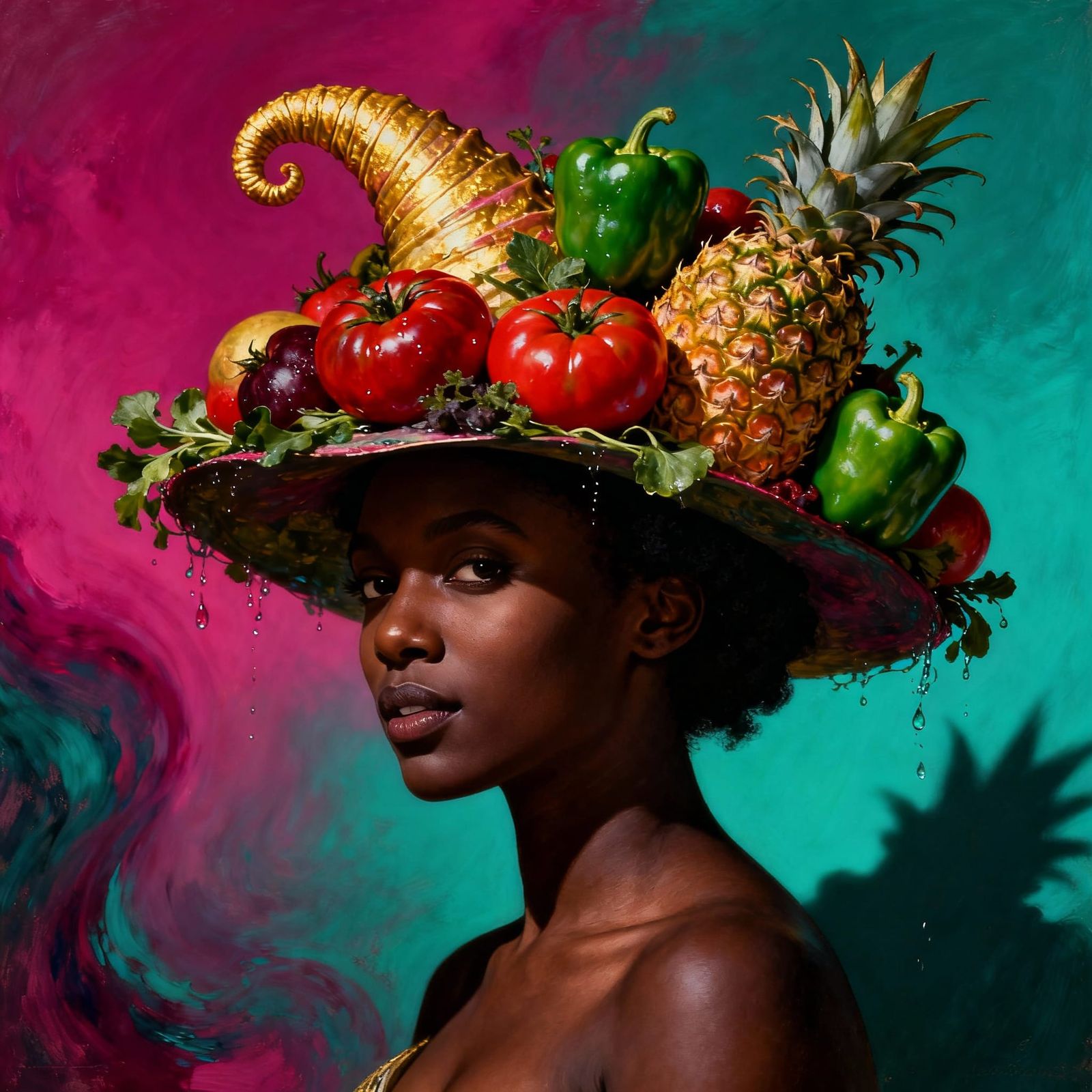 African American Woman With Fruit Cornucopia Hat