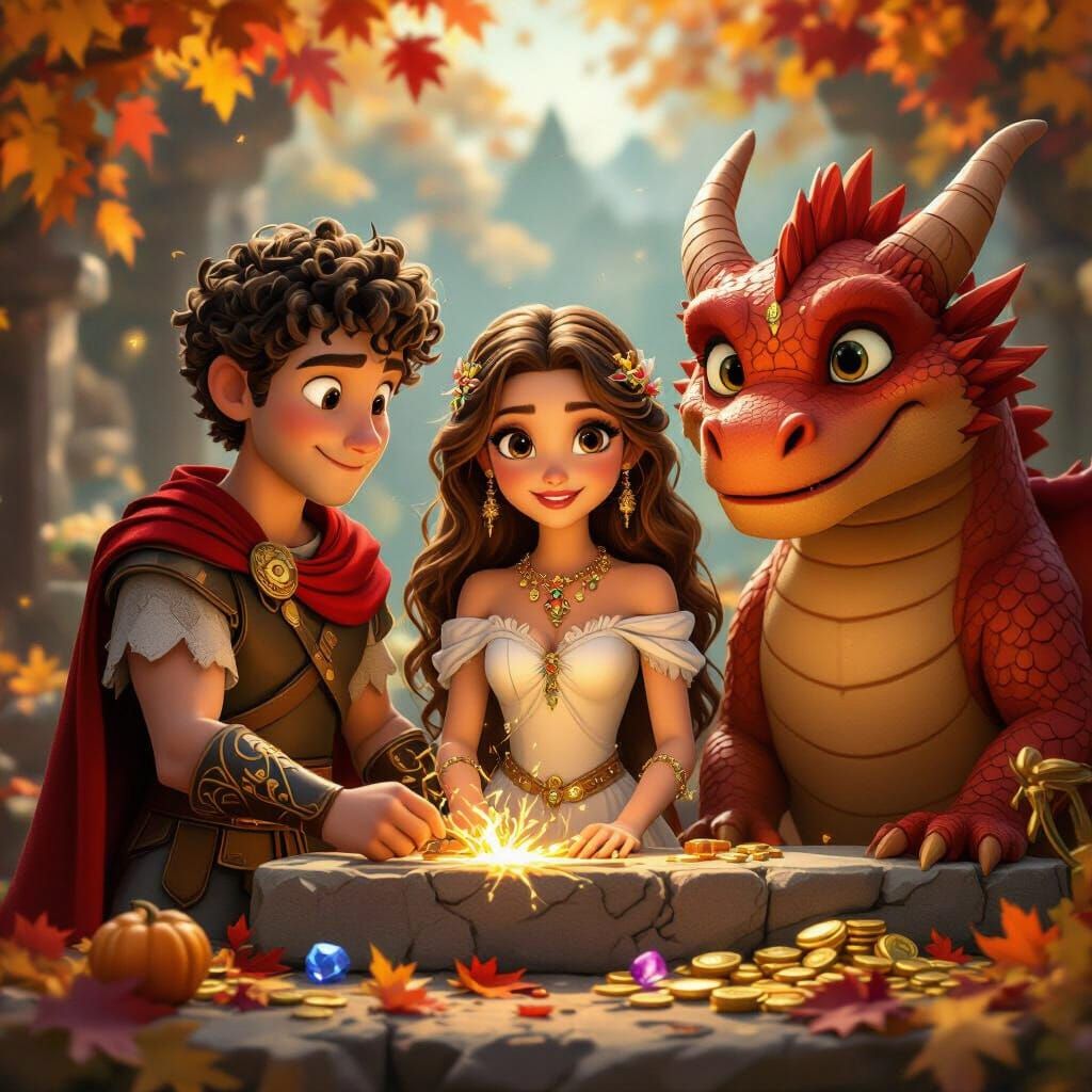 Fantasy Collaboration: Hero, Princess, and Dragon in Autumn