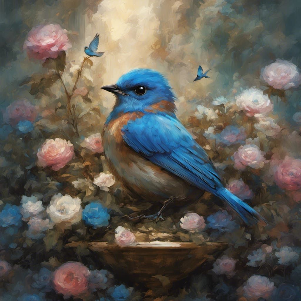 chibi bluebird in a garden