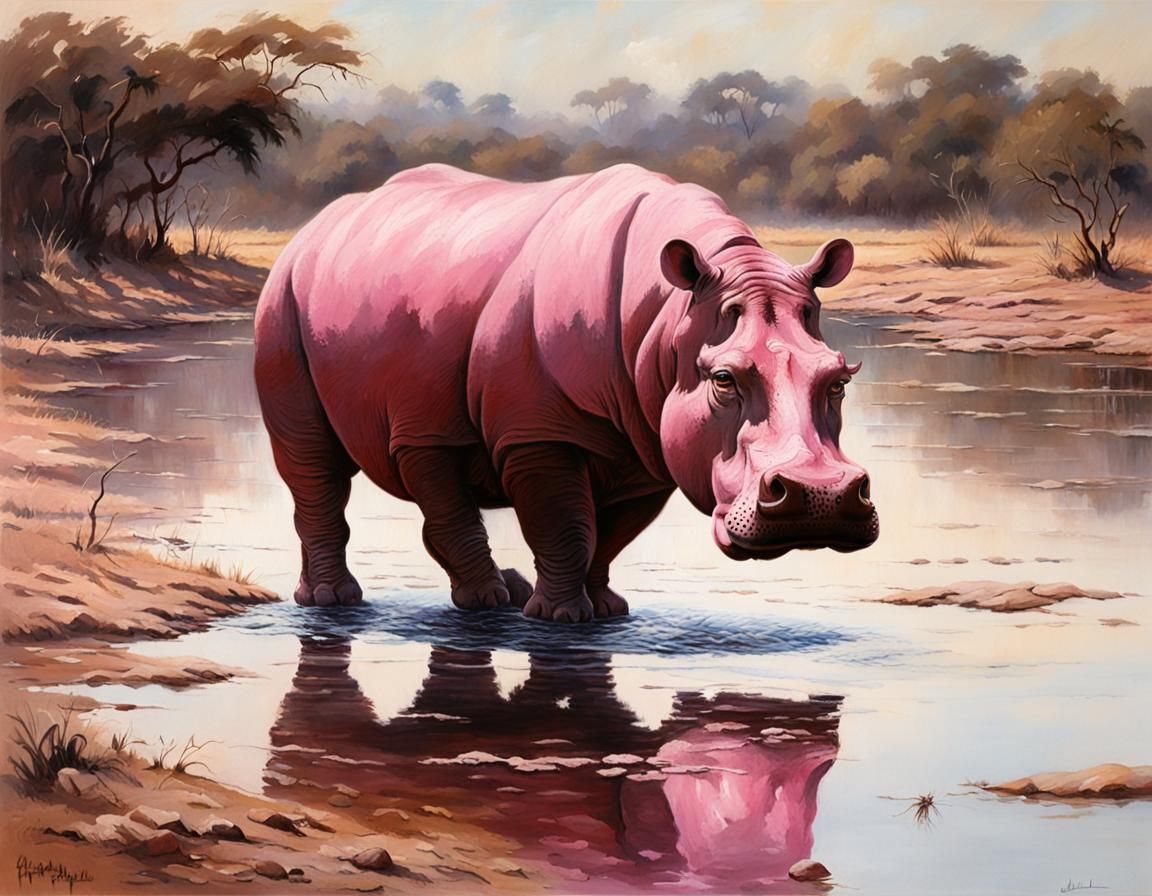 Pink Hippo in African River, Shepherd Style