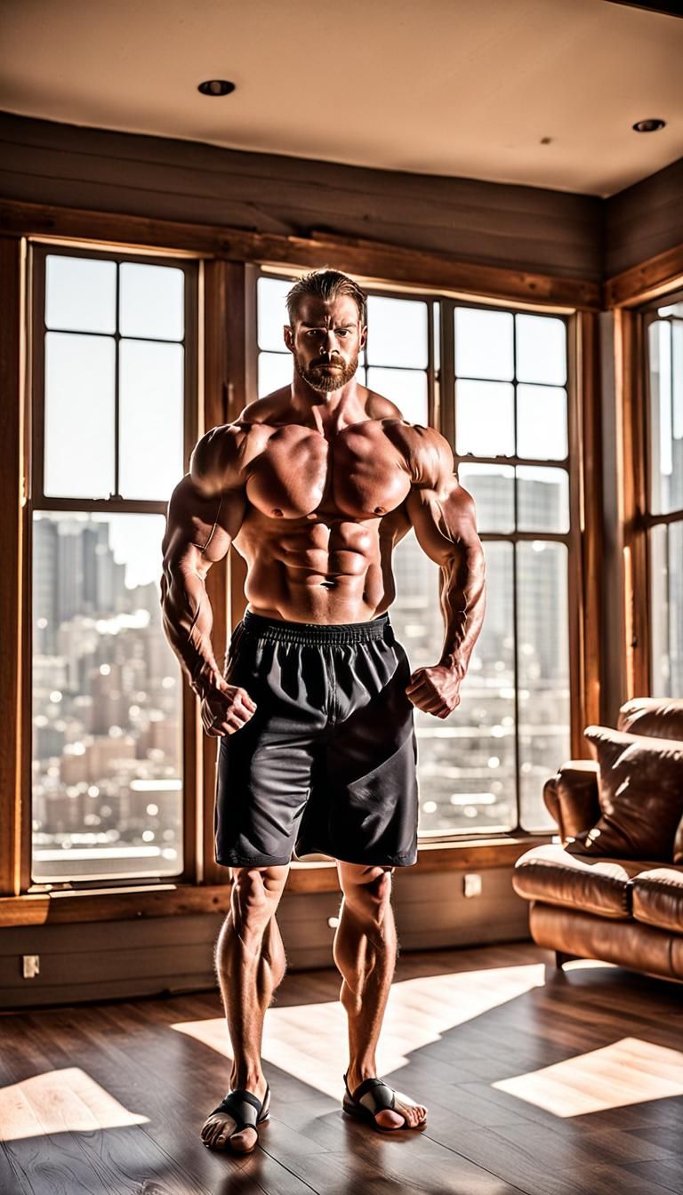 Muscular Man Flexing Biceps in Photorealistic Style