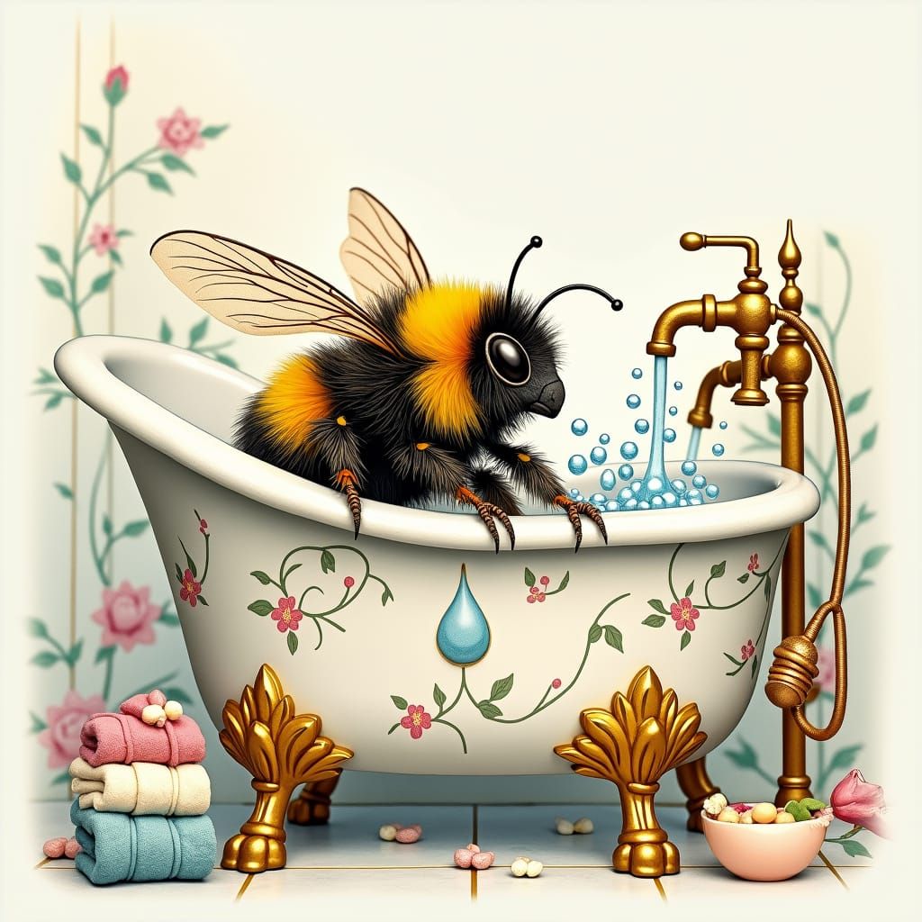 Bumblebee's Bathtime Bliss: A Whimsical Watercolor Scene