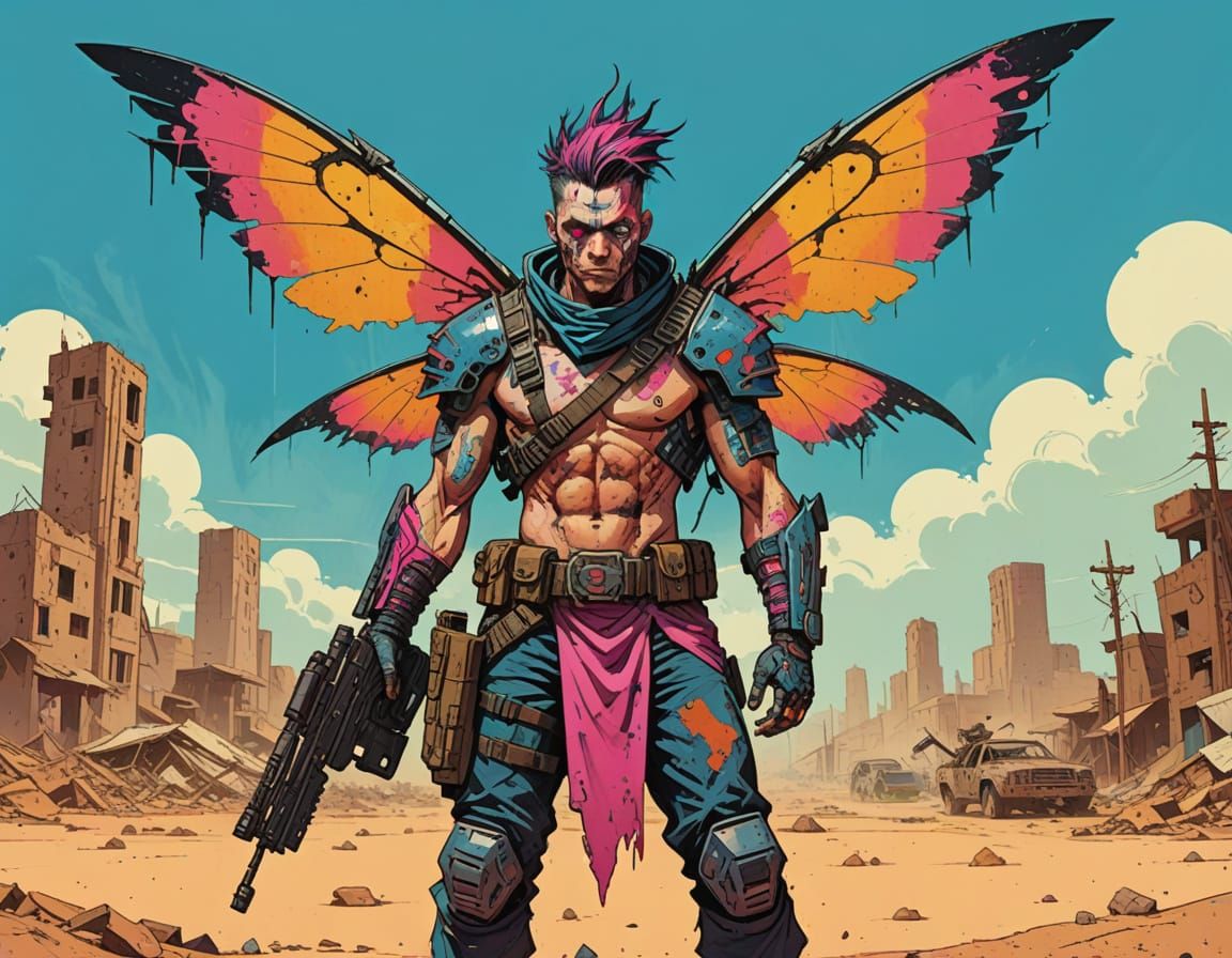 Cyberpunk Fairy Warrior in Post-Apocalyptic City