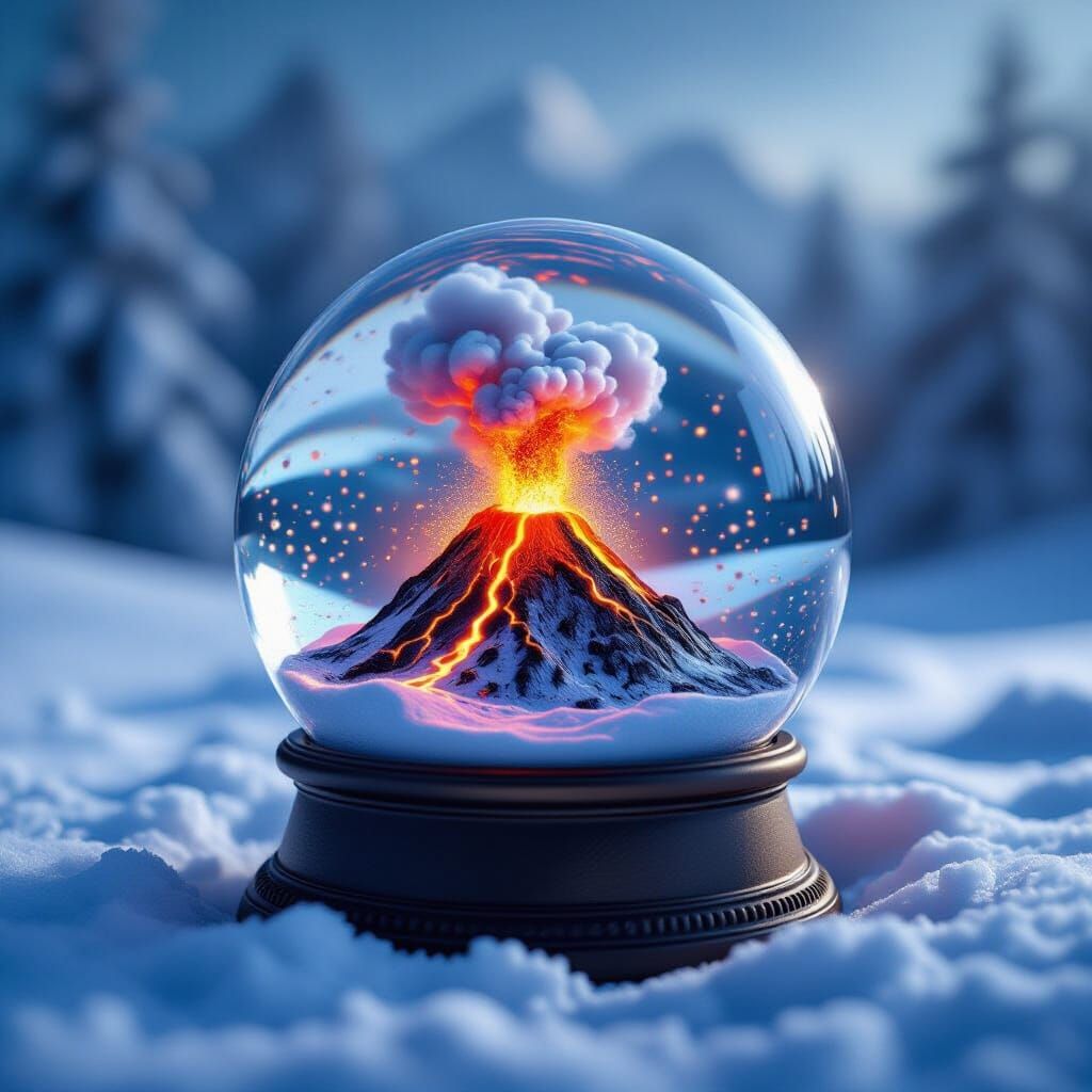 Volcanic Eruption Snow Globe in Snowy Landscape