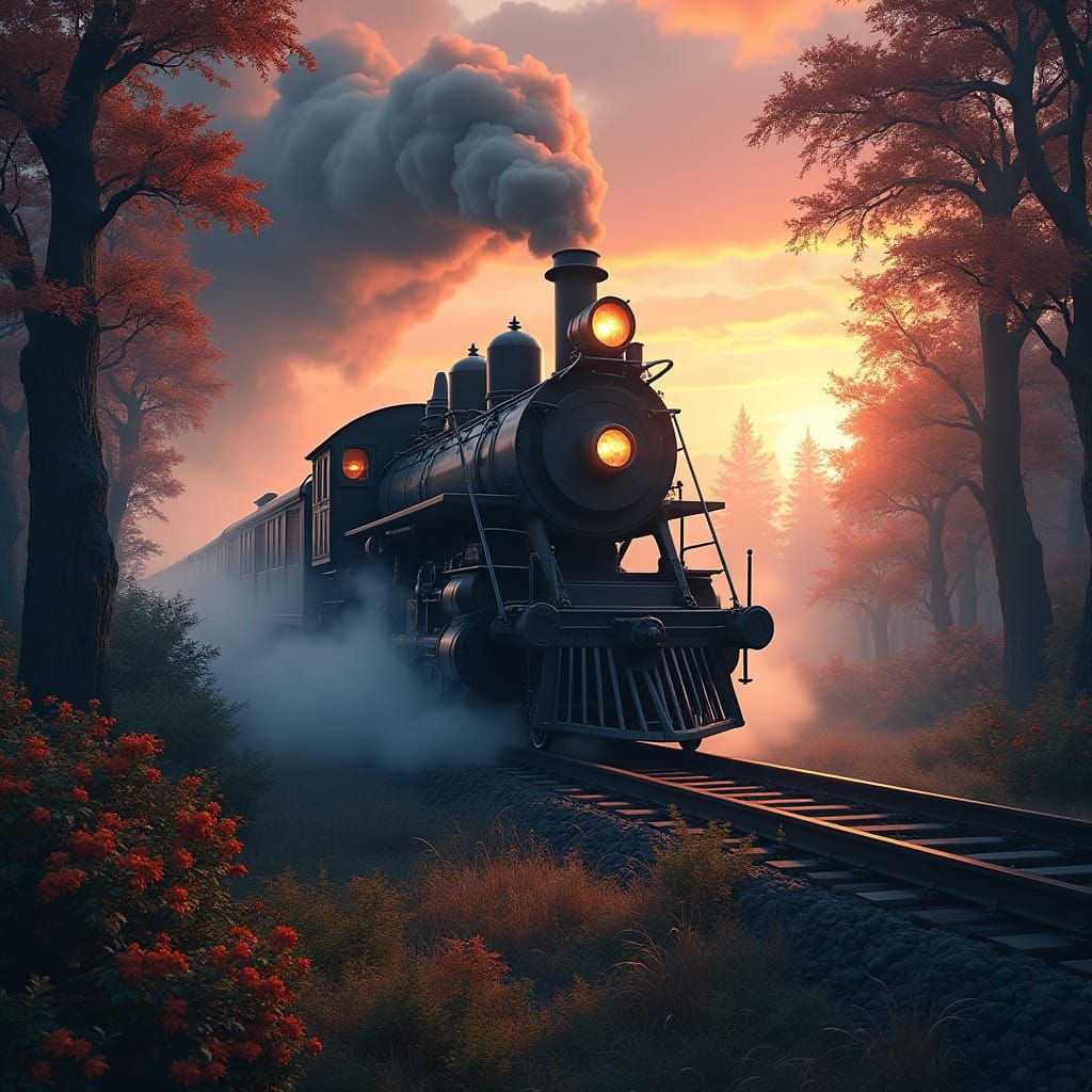 Majestic Iron-Clad Locomotive Speeds Through Mystical Realm