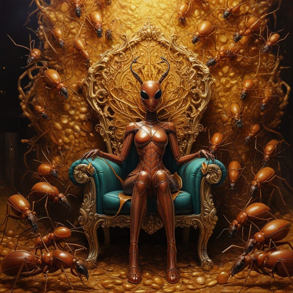 Ant Queen on Nectar Throne: Surreal Oil Painting