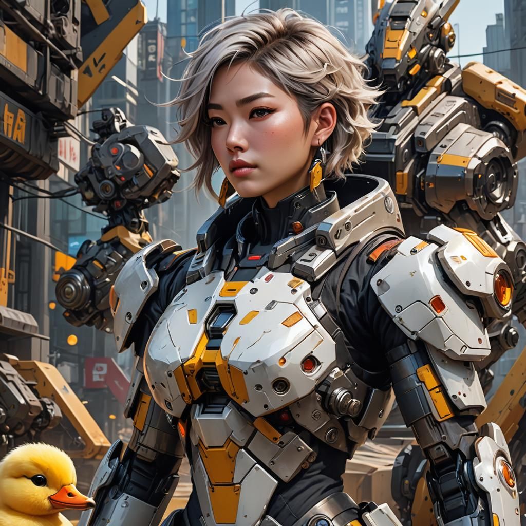 Woman in Duck Mech Suit, Hyperdetailed Portrait