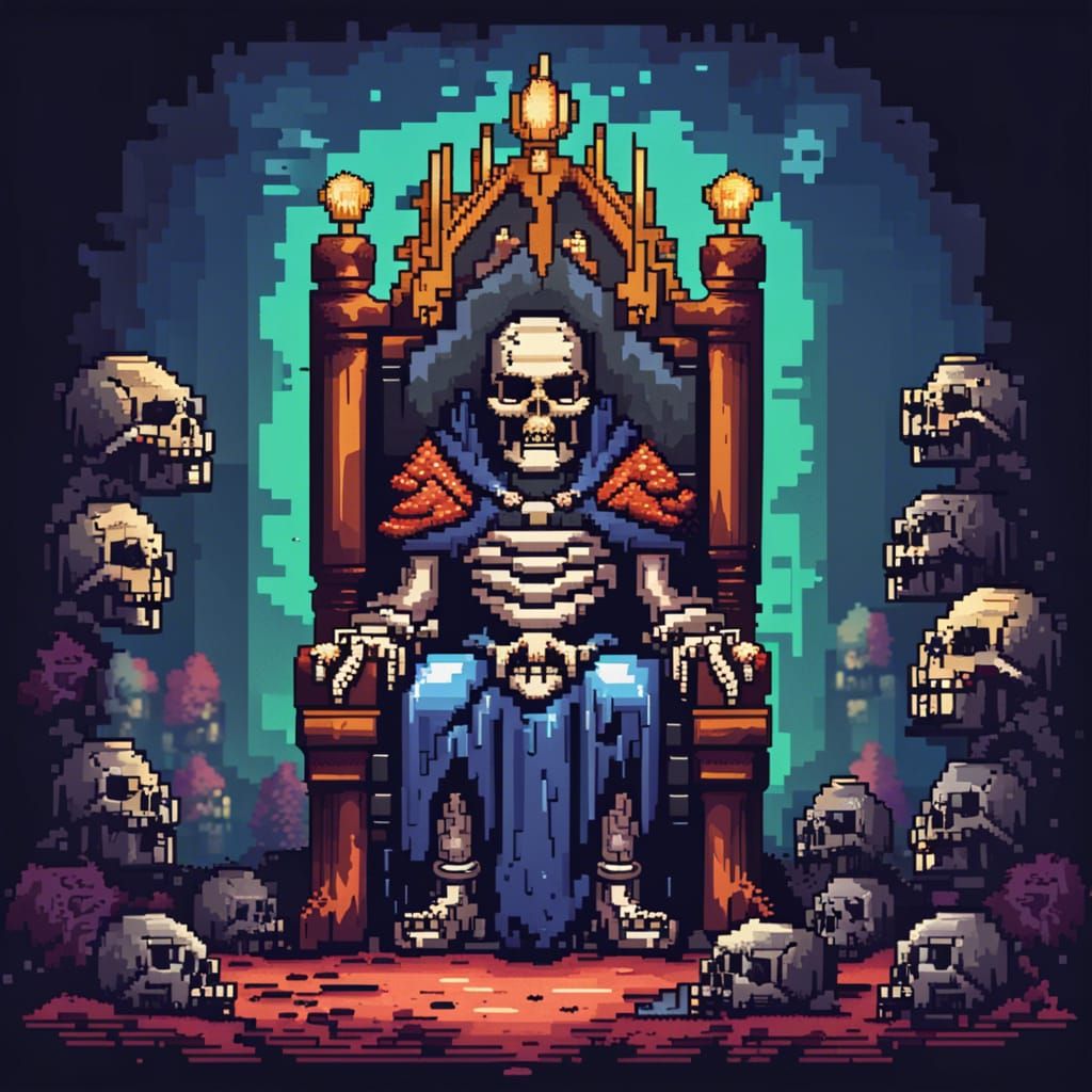 Skeleton King on Skull Throne: 8-bit Pixel Art