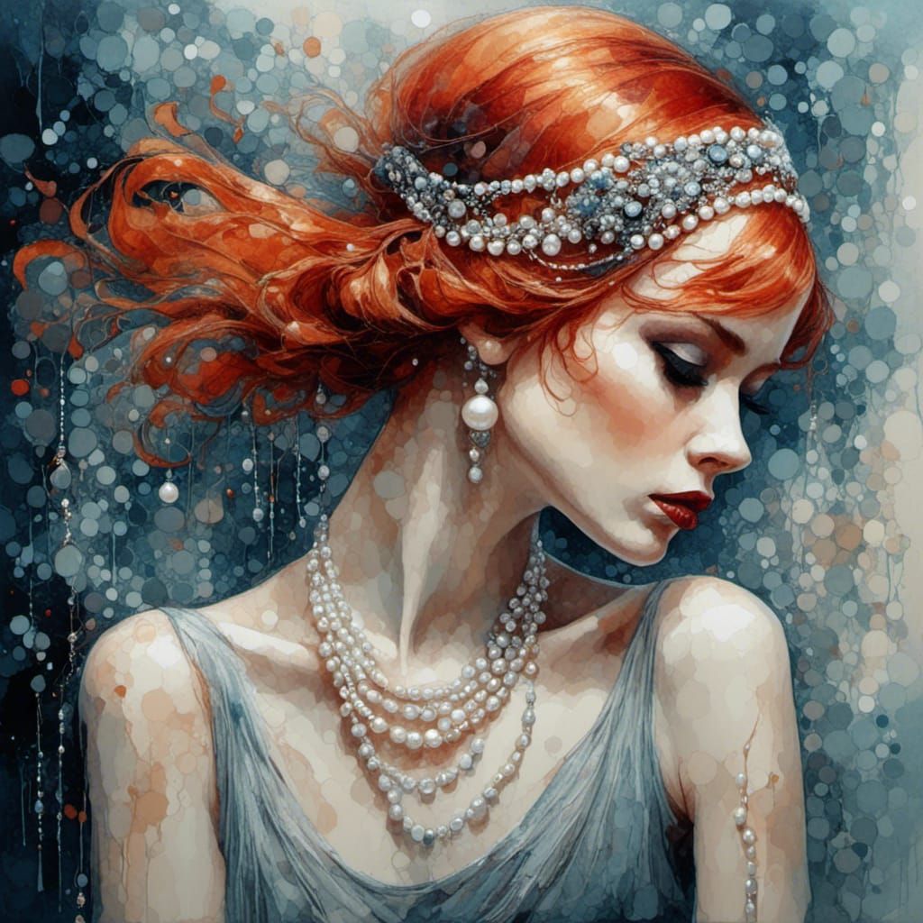 Red-Haired Flapper Girl Dancing: Watercolor Painting