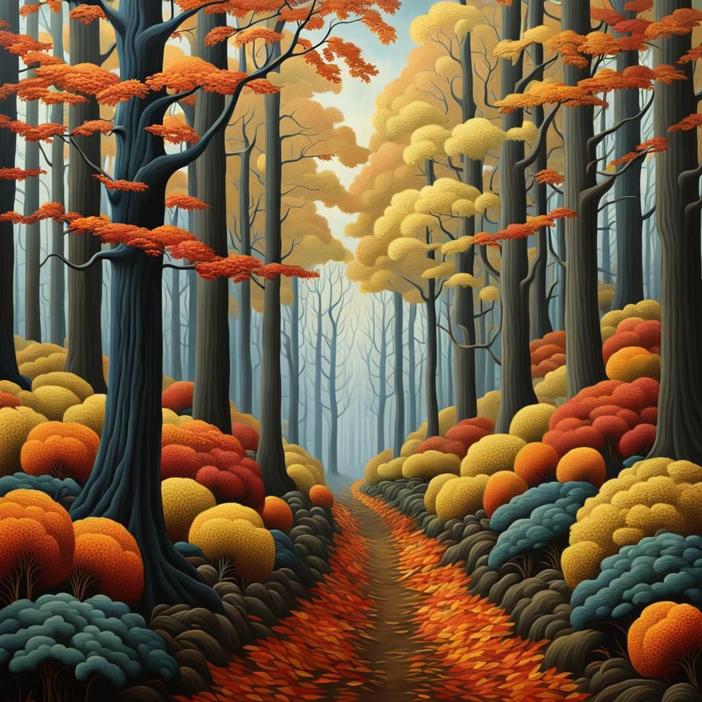 Surreal Autumn Forest Scene in Magritte Style