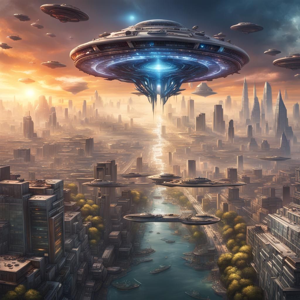 Hyperrealistic Alien Mothership Over City in Splash Art