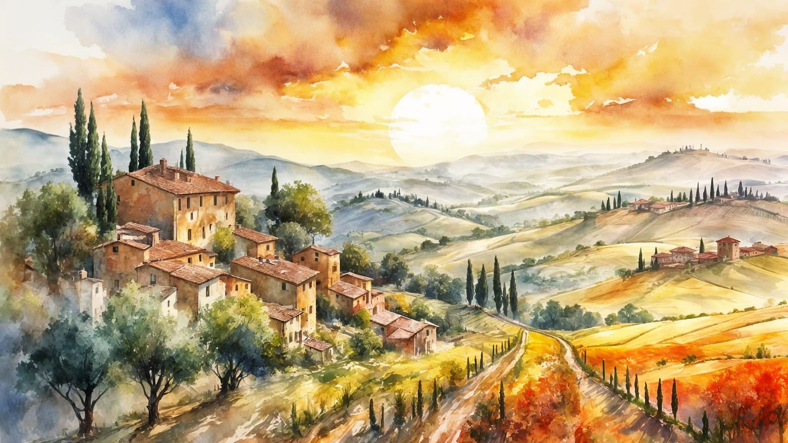 Tuscan Sunrise Over Rolling Hills in Watercolour Style