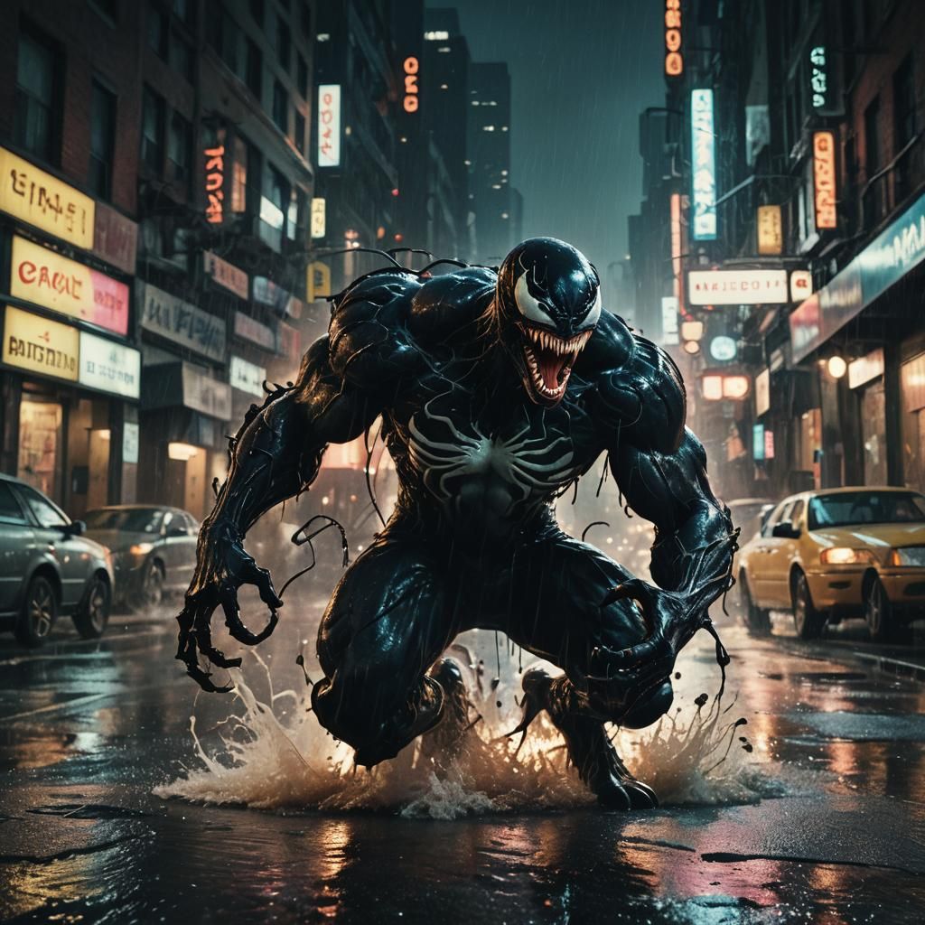 Venom Smashing Through City Street in Film Noir Style