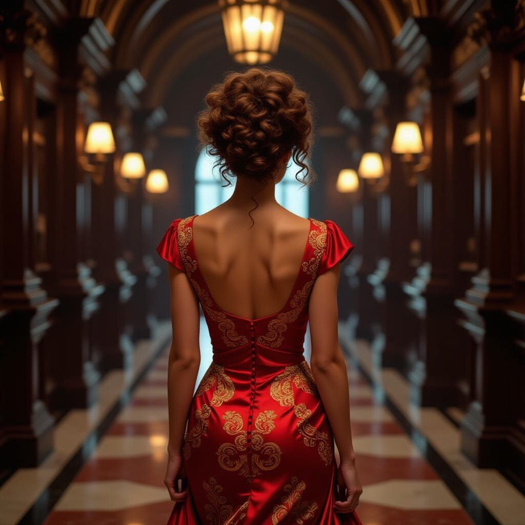 Cinematic Woman in Silk Dress at Ministry of Magic