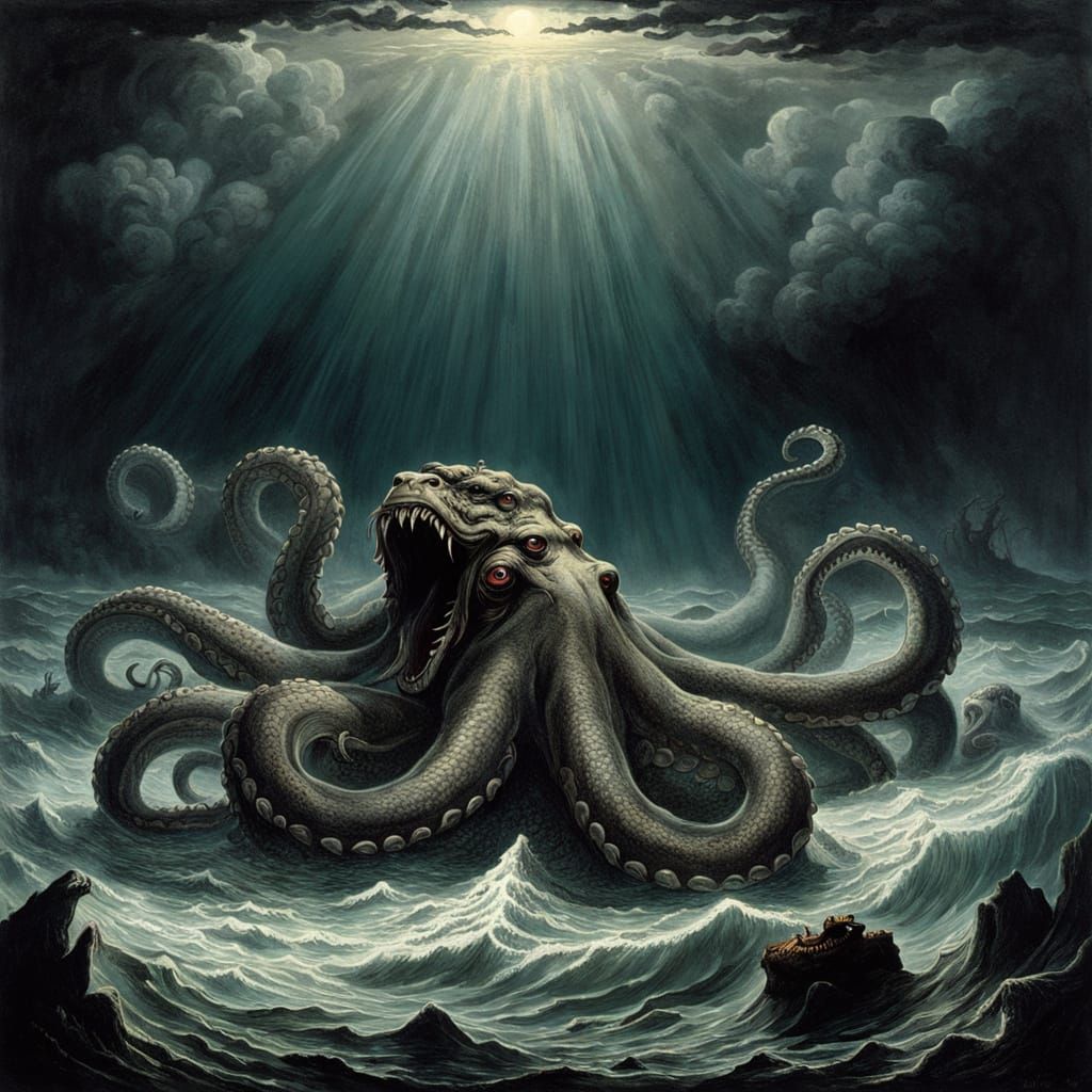 Monstrous Sea Serpent Emerges from Ashes in Dark Stormy Skie...