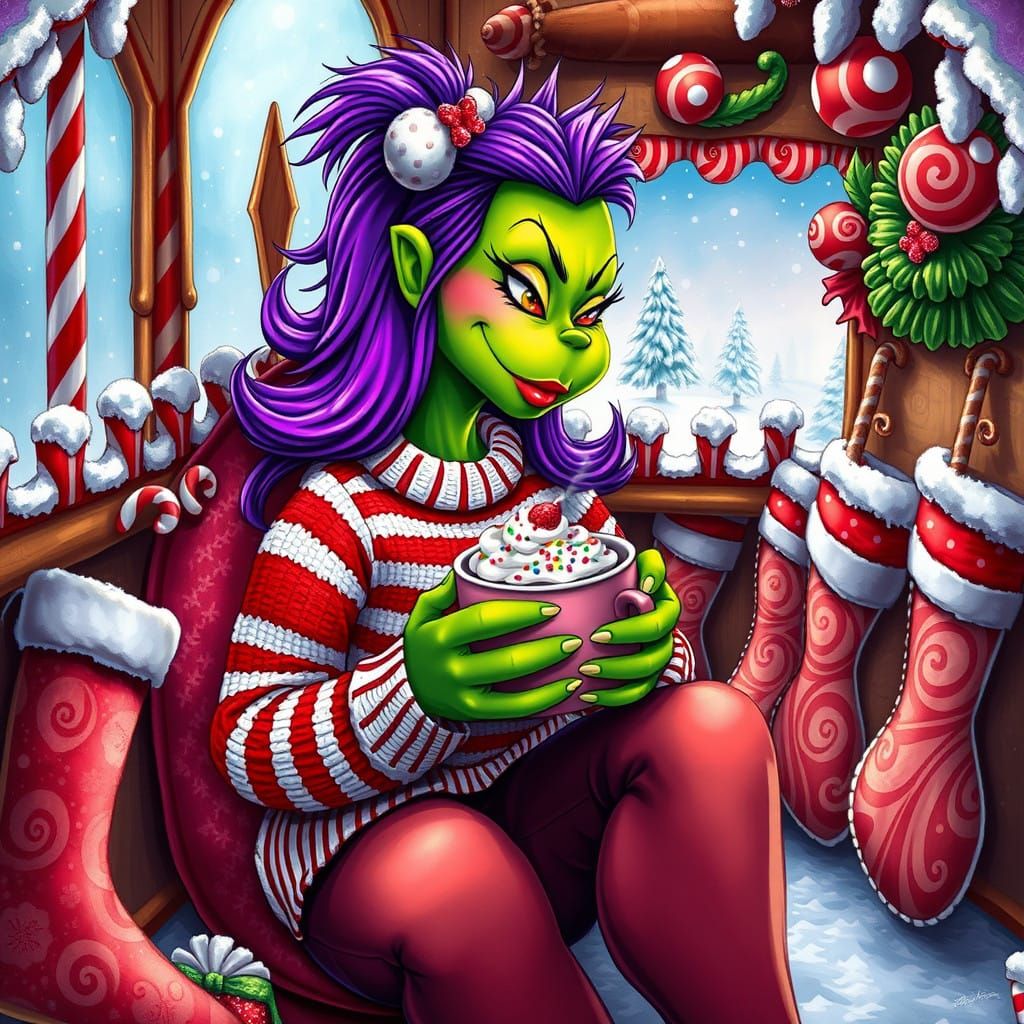 Vibrant Grinch-Inspired Girl in Whimsical Gingerbread House