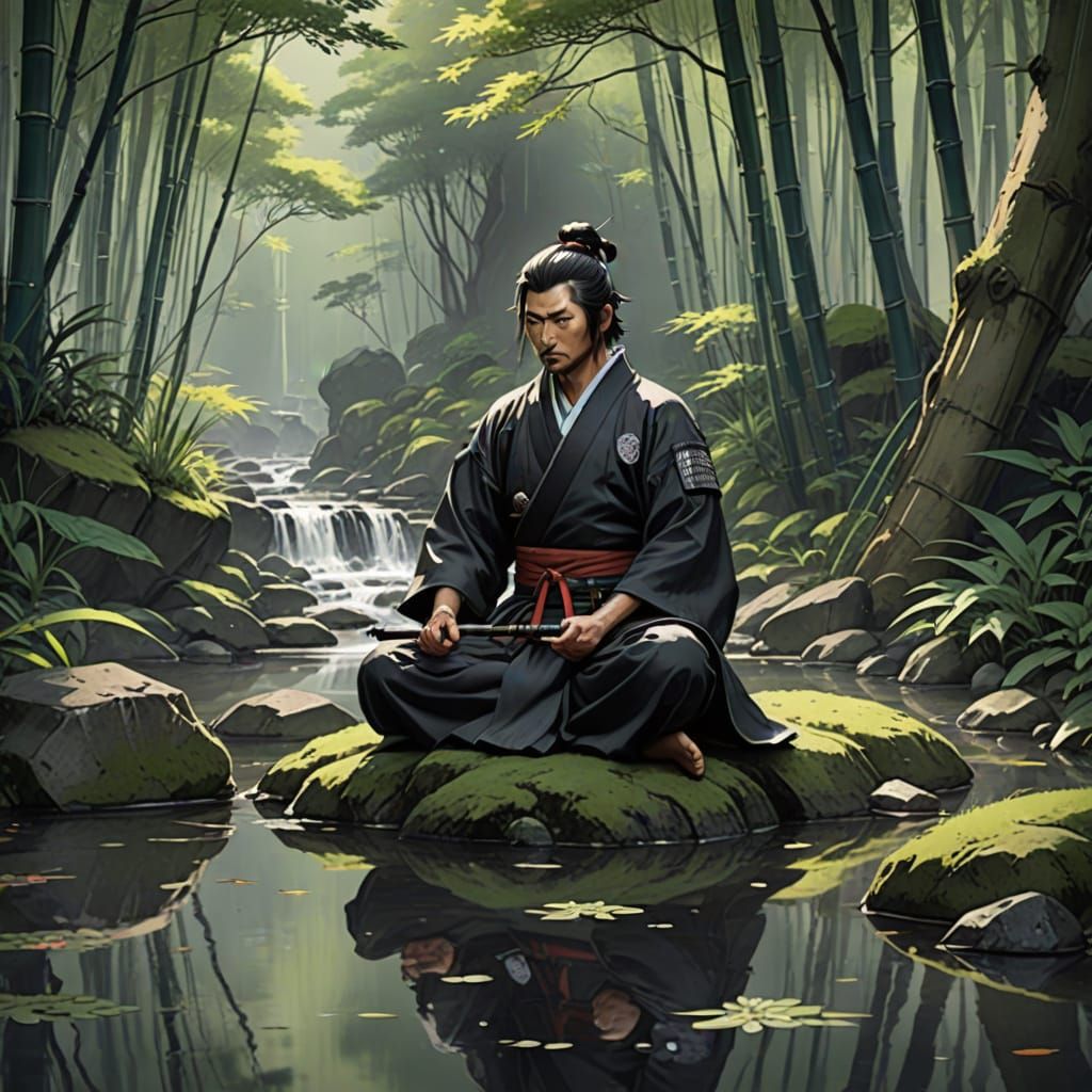 Samurai Meditation by Stream in Sumi-e Style