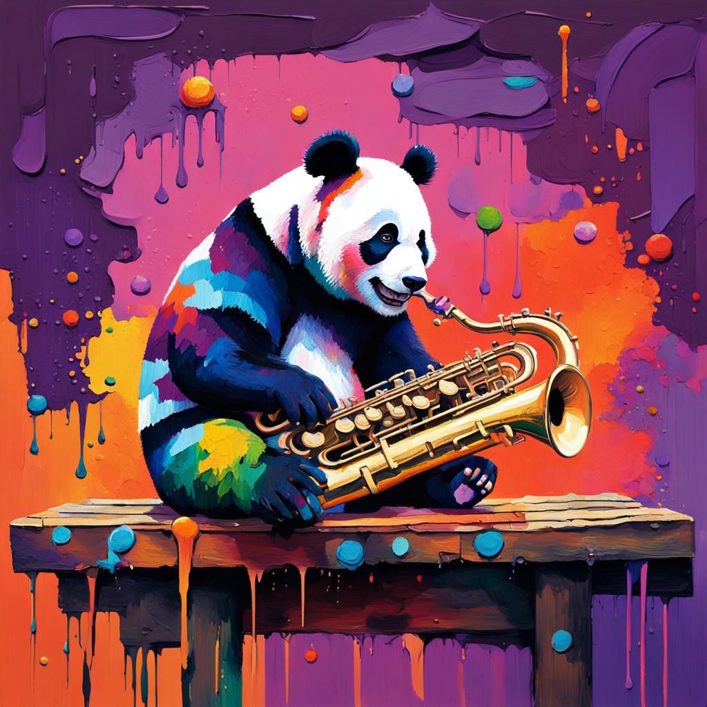 Rainbow Panda Saxophonist in Expressionist Oil Painting
