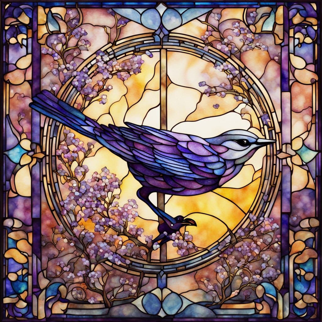 Art Deco Stained Glass with Bird and Flowers