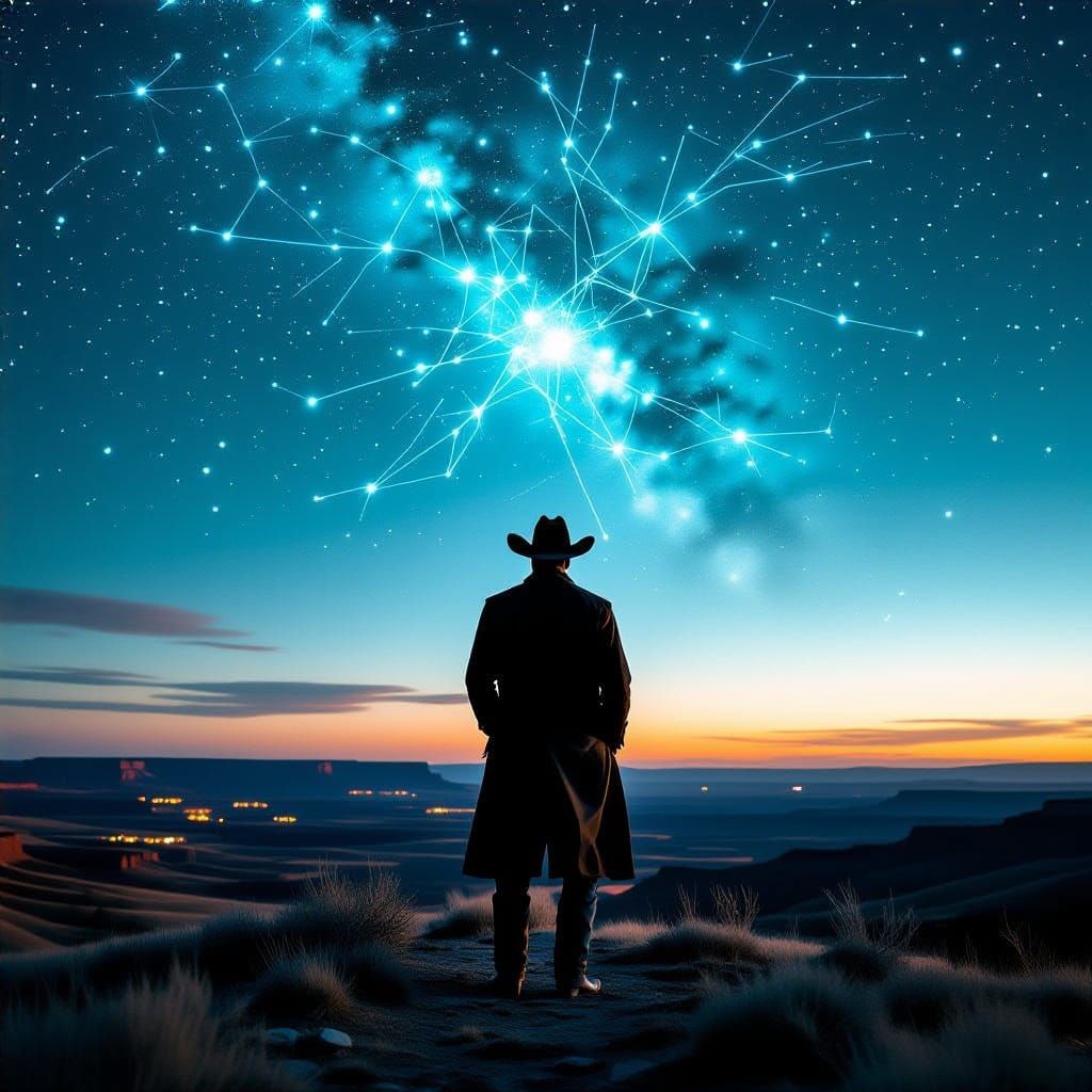 Cowboy Gazes at Electric Neural Network Sky at Dusk