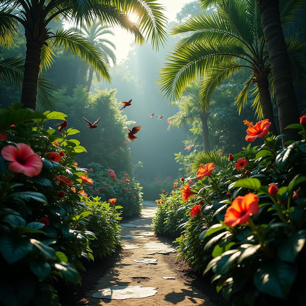 Exotic Birds in Hyperreal Tropical Garden