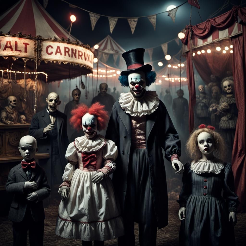 Haunted Carnival Scene with Sinister Figures