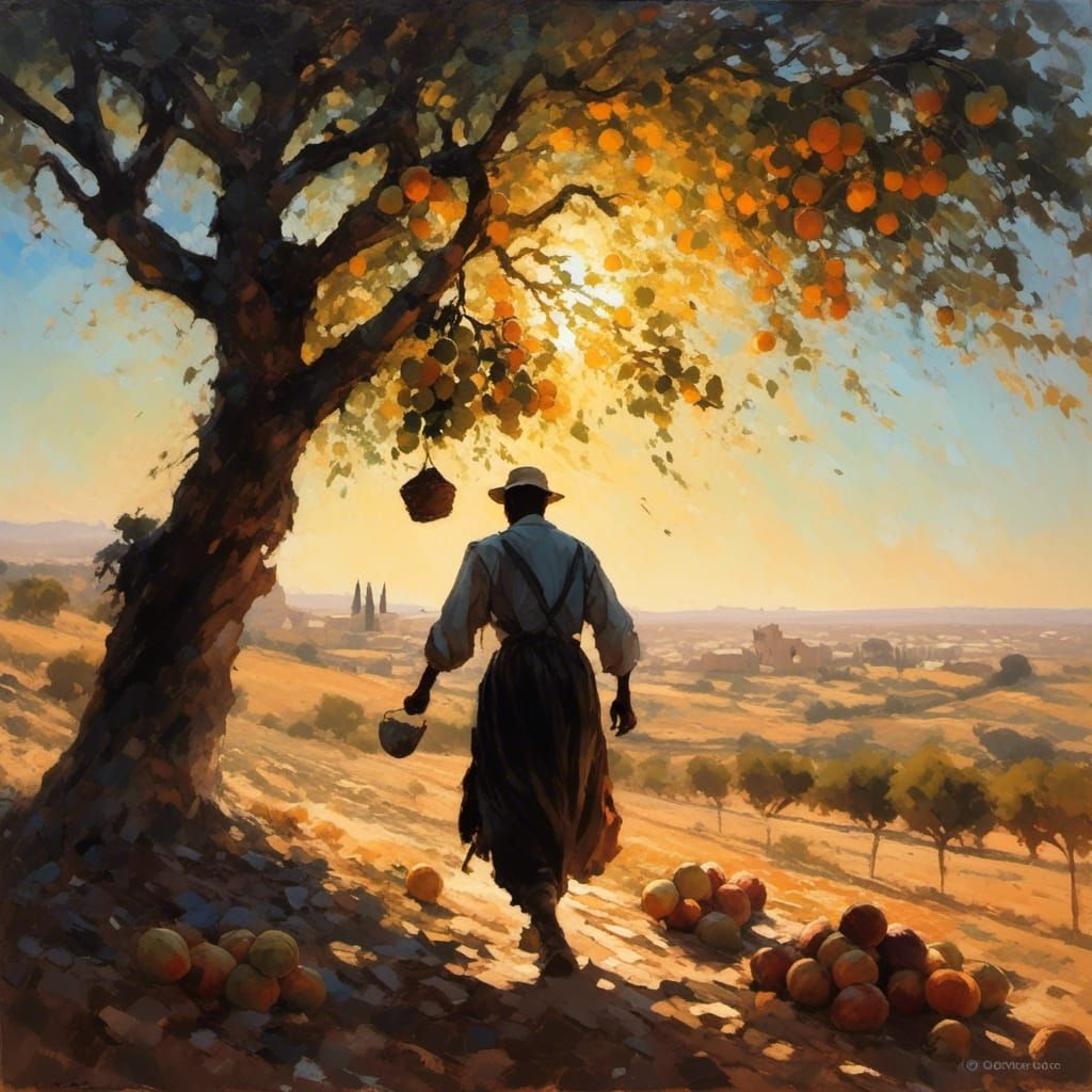 Farmer Sowing Seeds at Sunrise: Oil Painting