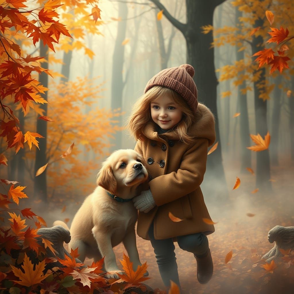 enchanting autumn scene featuring a girl and her adorable pu...