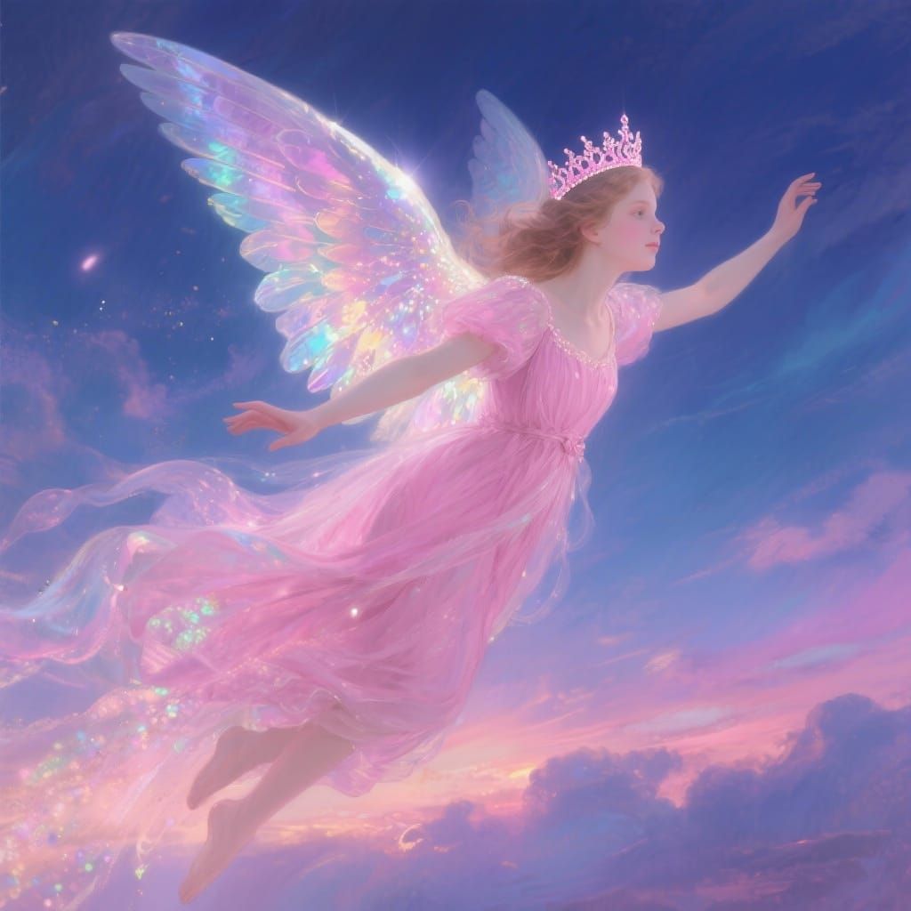 Angel Girl Soars in Pink Dress with Sparkling Wings