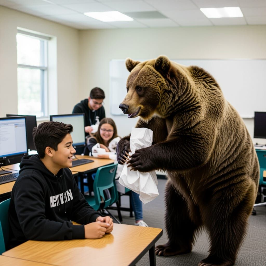 Brown Bear Cleans Computer Classroom with Students