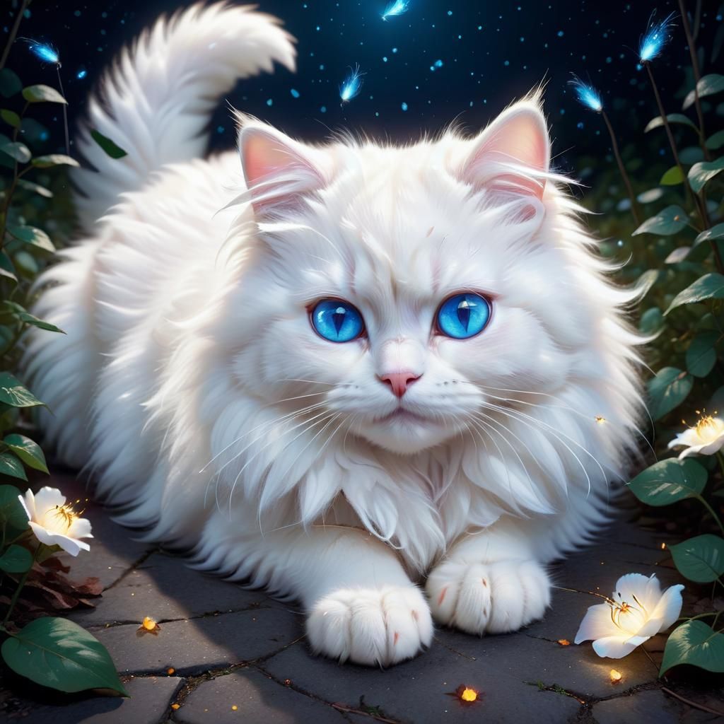Fluffy Persian Cat in Enchanting Night, Digital Art