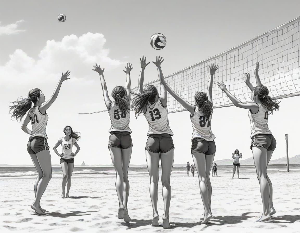 Cheerful Beach Volleyball Scene in Manga Drawing Style