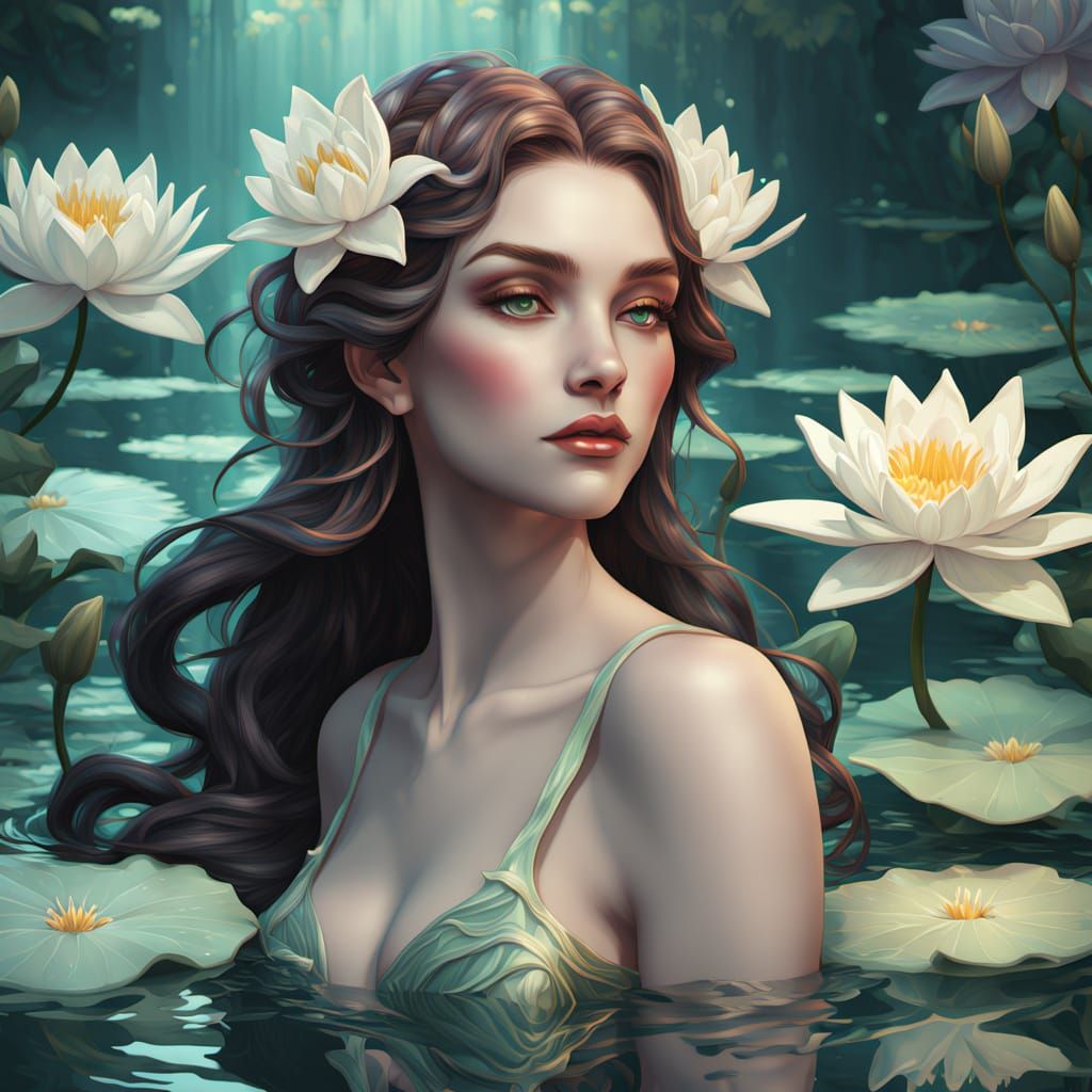 Lady Amidst Art Nouveau Waterlilies