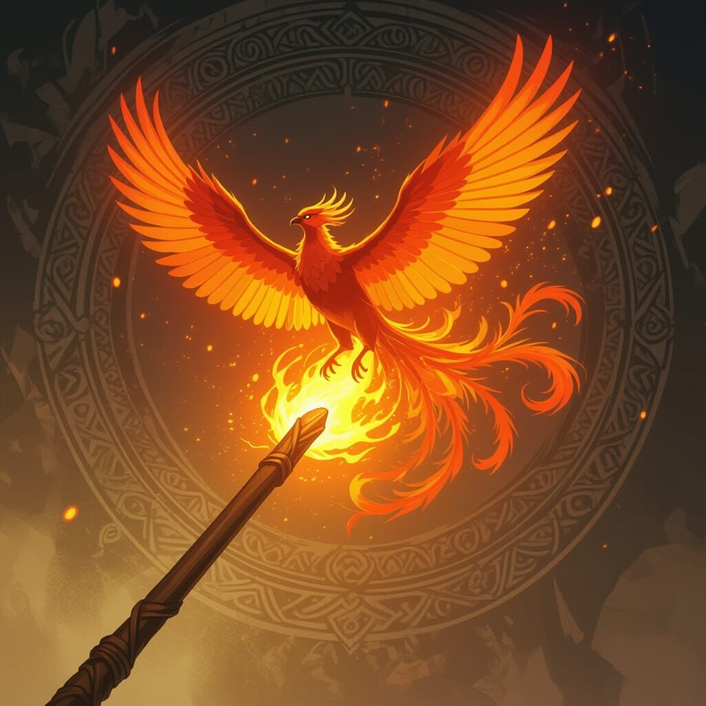Fiery Phoenix Rising from Magic Wand