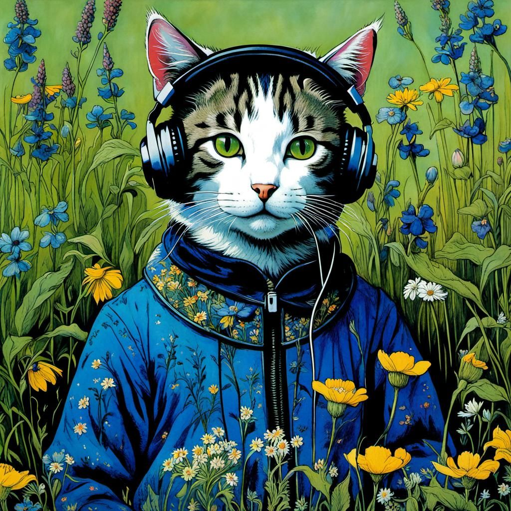 Cat with Headphones in Wildflowers, Illustrated Style