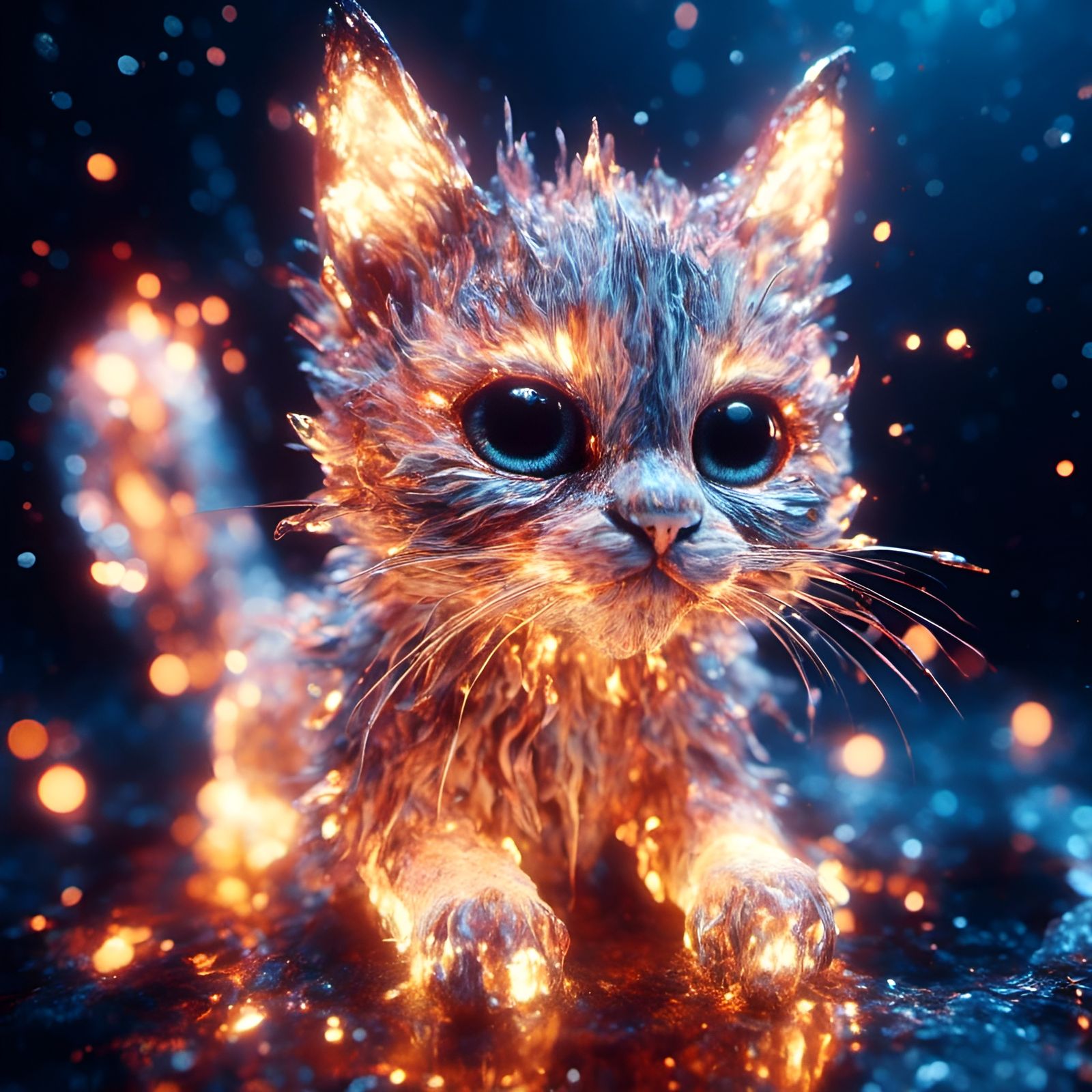 Bioluminescent Cat of Flames Underwater in 3D
