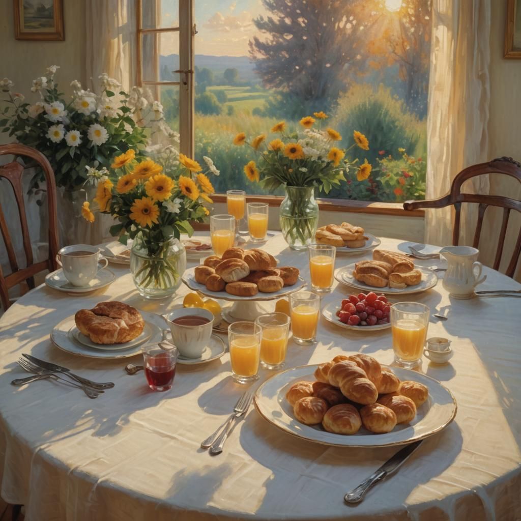Impressionist Family Breakfast in Golden Light