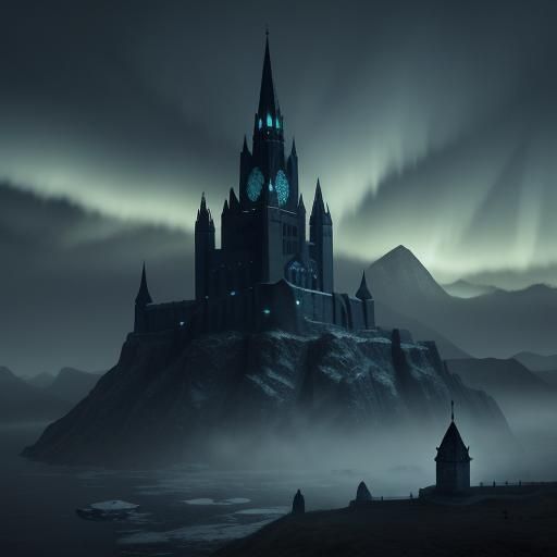 Surreal Graveyard Landscape with Glacier and Aurora